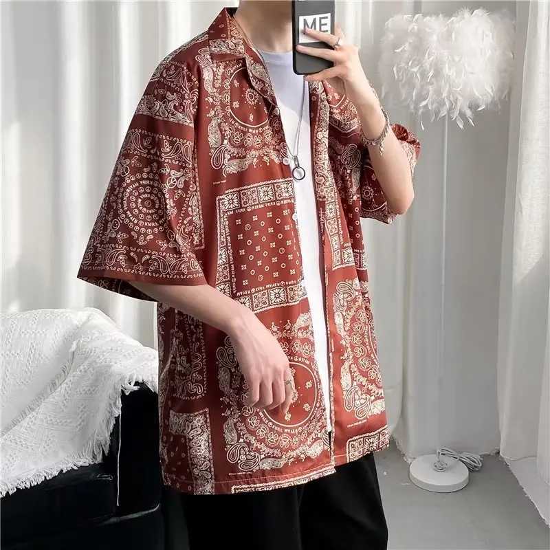 Mens retro floral shirt loose Hawaiian style beach short sleeved shirt X250410