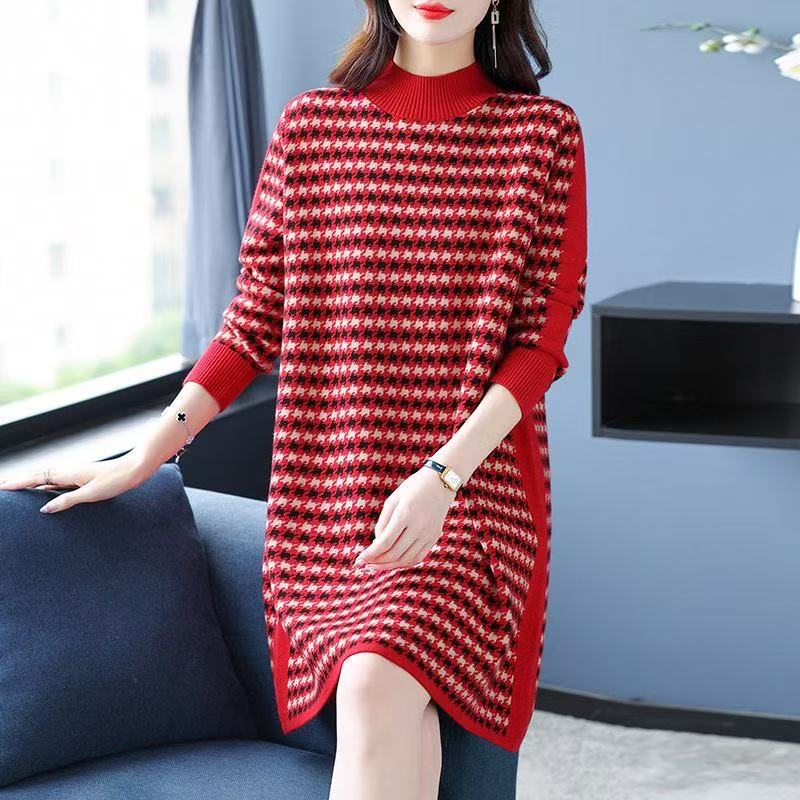 plus size women's new long sleeve high waist printed banquet dress mid-length skirt D02818