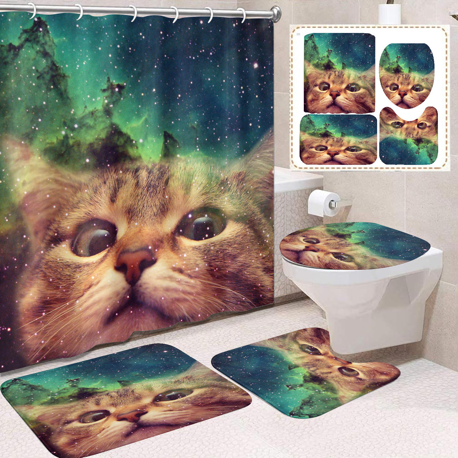 YL-37678 Black and White Cat Shower Curtain Waterproof and Mildew-proof Digital Print Shower Curtain Four-Piece Set