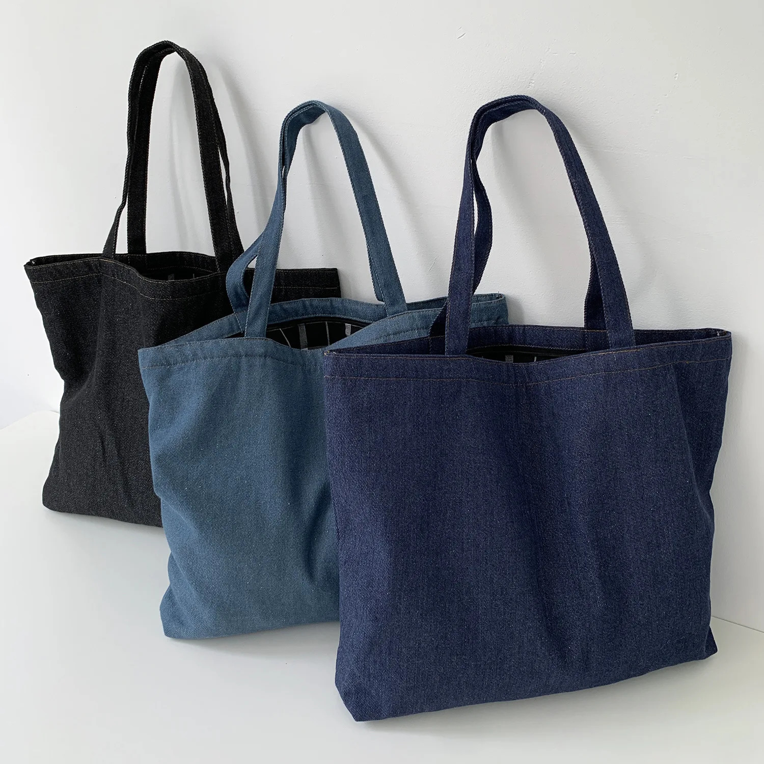 Solid Color Simple Womens Shoulder Bag Large Capacity Portable Ladies Shopping Retro Denim College Girls Book Tote Handbags 251110