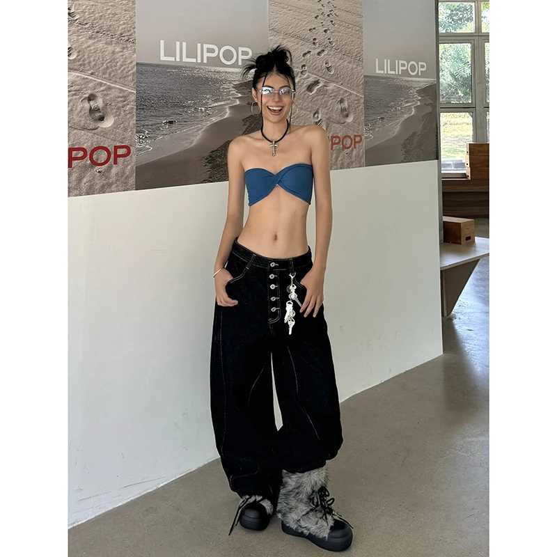 Women Vintage Y2K 2000s High Waist Jeans Korean Oversize Fashion Loose Simple Casual Black Wide Leg Pants Lady Streetwears C251110