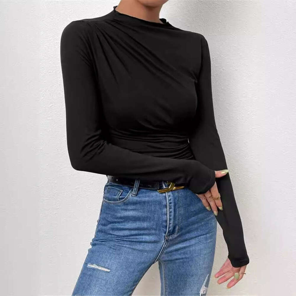 Half High Collar 2024 European and American Solid Color Slim Fit Base Shirt Versatile Ruched Design Long Sleeve T-Shirt Women's Top
