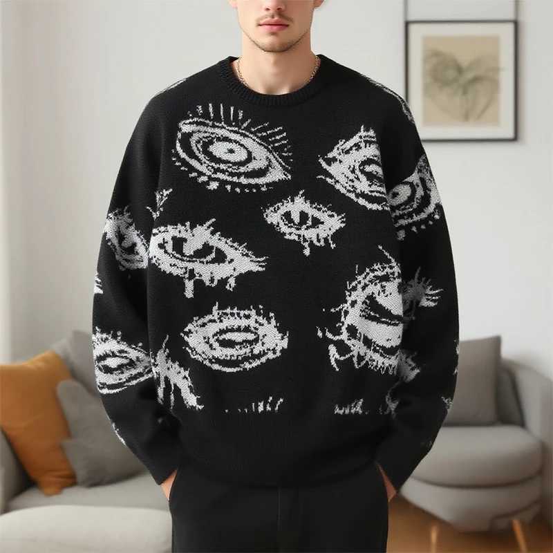 Fashion New American Trendy Men Sweater High Street Dark Eyes Printed Knit O Neck Long Sleeve Pullover Casual Loose High Street Knitwear Y251110