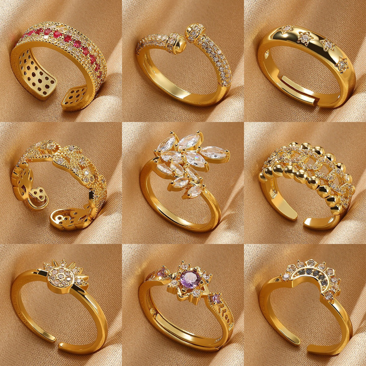 Cross-border Fashion Ring Hot Selling Copper Plated 18K Gold Colorful Designer Ring Zircon Ring Luxury Simple INS Style Leaf Ring Jewelry Wholesale