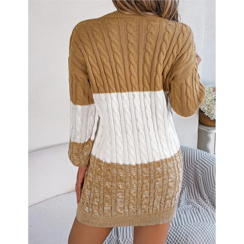 Womens Knitted Sweater Dress Color Blocked Autumn And Winter Elegant Square Collar Button Long Sleeve Bag Hip Skirt 251110