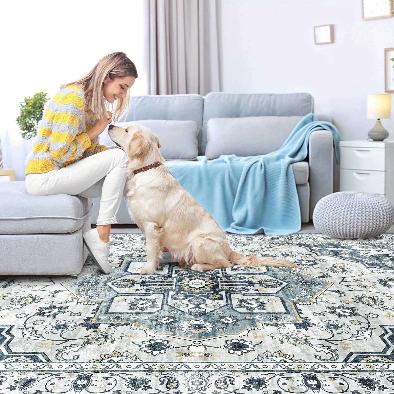 1 Pc Washable Rug Vintage Medallion Area Rug with Non-Slip Backing Non-Shedding Floor Mat for Living Room Bedroom Kitchen Laund Y251110