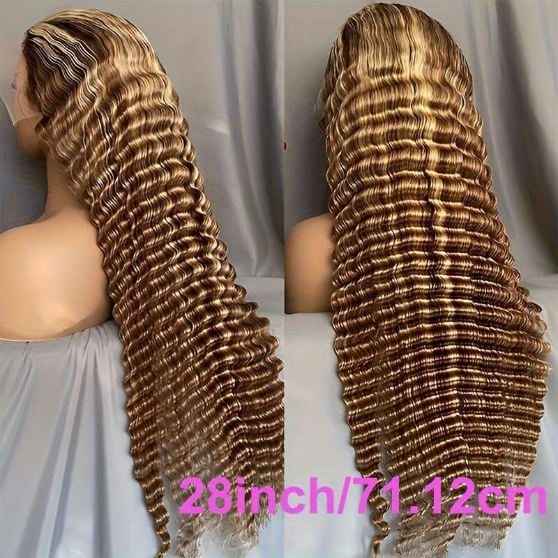 Women's 250% Density Glueless HD Frontal Wig Pre-Plucked Honey Blonde Ombre Highlights Deep Wave Curly Human 13X4 Lace With 4/27 Colored Real Hai
