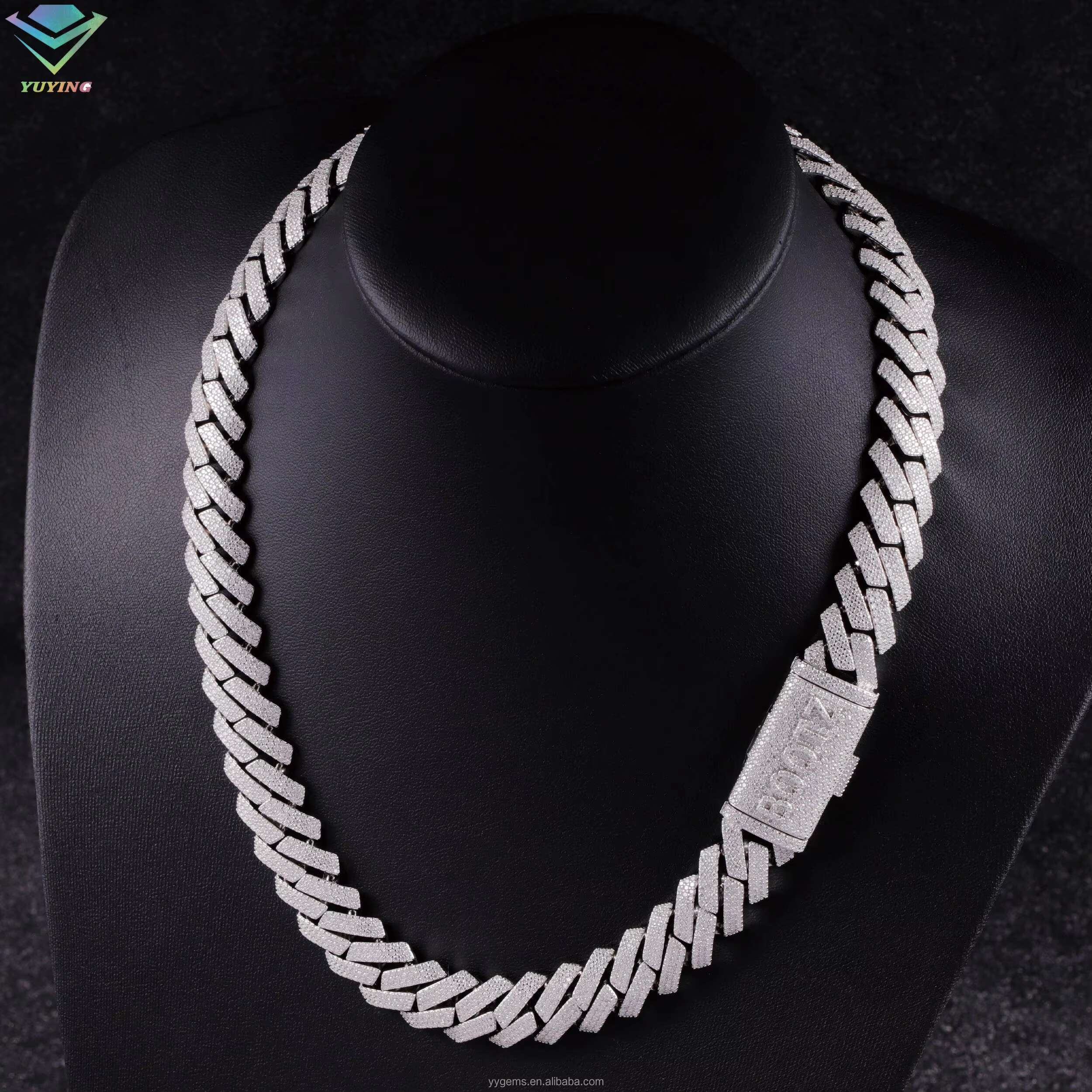 Heavy Silver 15MM 3Rows S925 Silver Cuban Chain Hip Hop Necklace White Gold Plated Moissanite Diamond Cuban Link Chain