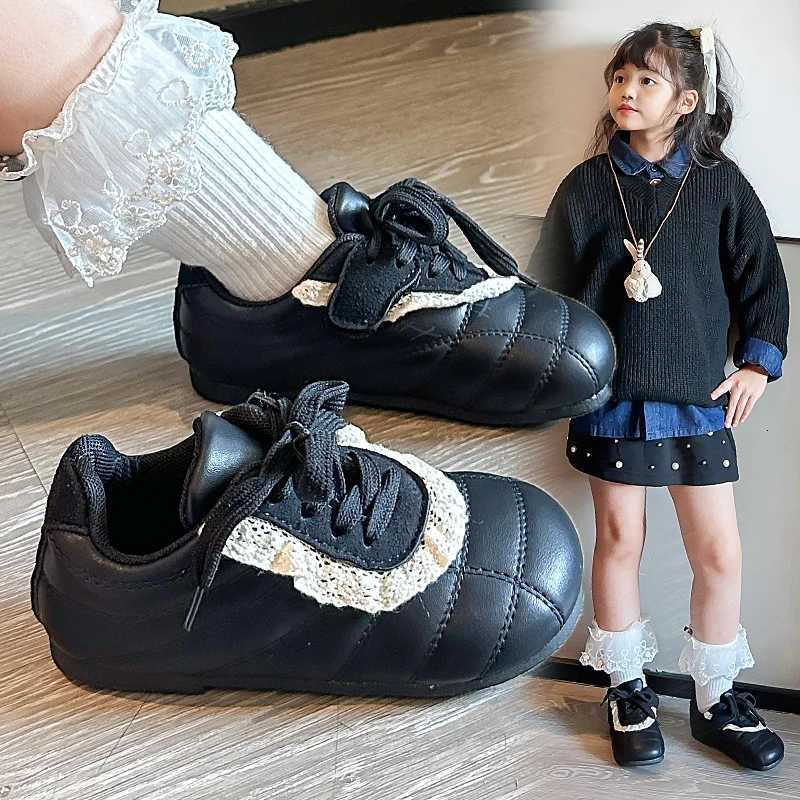 Girls Leather Shoes 1-12 Years Old Beige Lace Childrens White Shoes Four Seasons Models Black Soft Bottom Non-slip Kids SneakersT251110