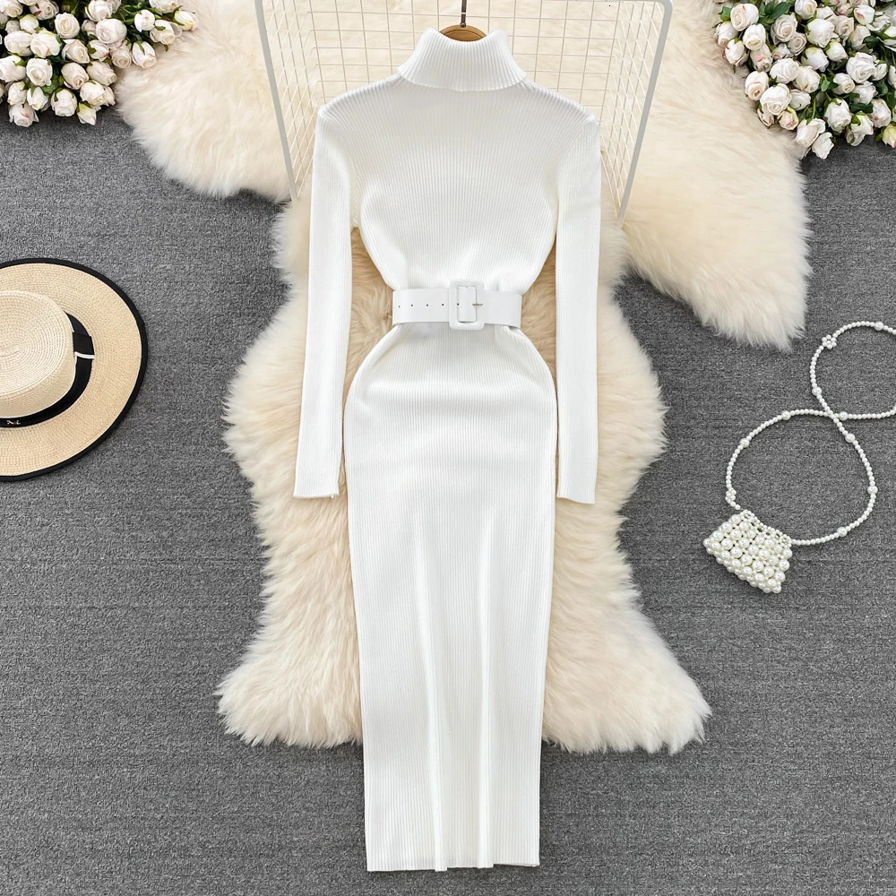 REALEFT Autumn Winter Turtleneck Womens Knitted Dresses with Belted Long Sleeve Elegant Bodycon Wrap Dress Female 251110