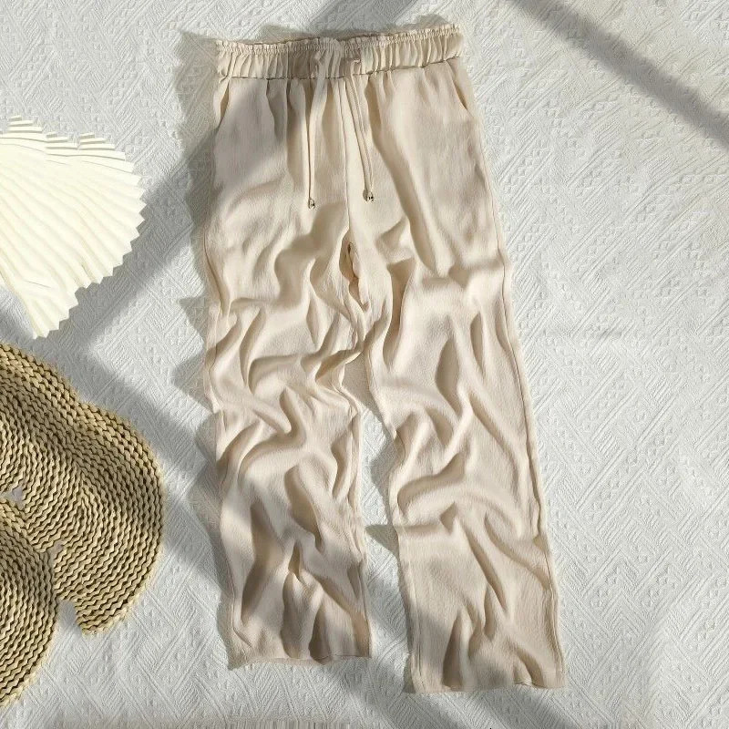 High Quality Wide Leg Pants Women Vintage Drawstring High Waist Satin Silk Pants Woman Casual Loose Straight Trousers 250409