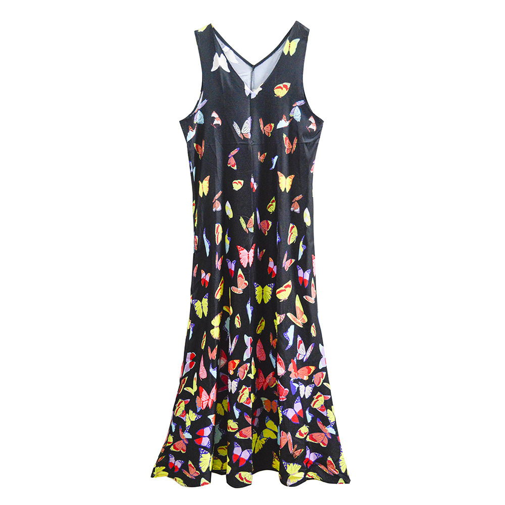 Summer Butterfly Print Bohemian Beach Skirt V-Neck Sleeveless Long Large Women's Dress