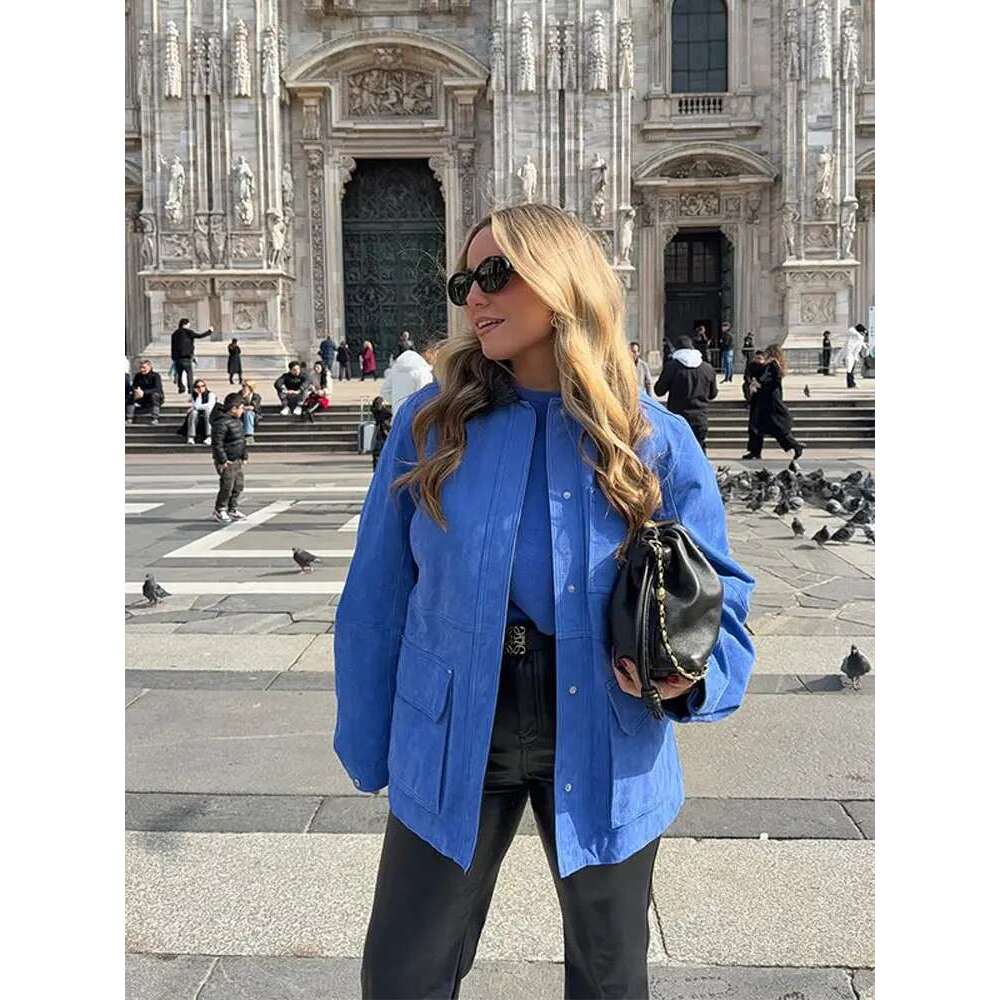 Contrast Color Women's Suede Jacket Single Breasted Zipper Lapel Pockets Long Sleeve Coats 2025 Spring Street Commuter Outwears