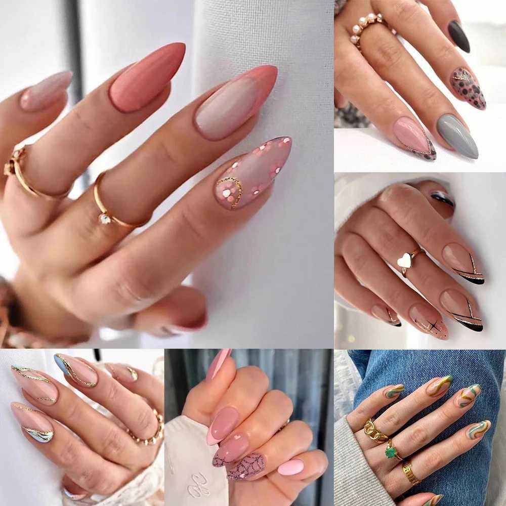 24 pieces of long almond fake nails French wave fake nail tips DIY complete set detachable W250410