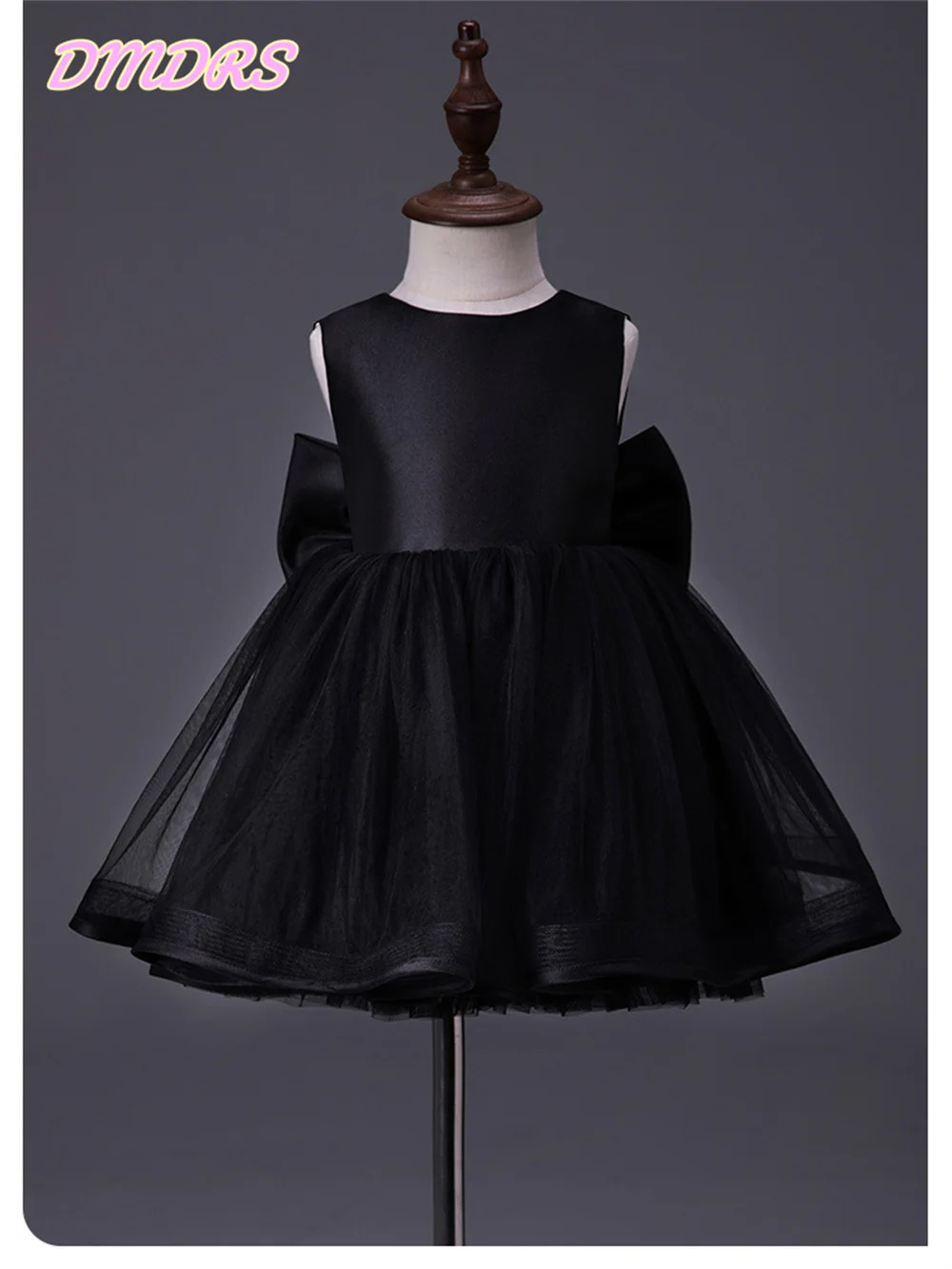Childrens satin black flower girl dress birthday bow sleeveless retro ball dress knee length princess dress short sleeved 250403
