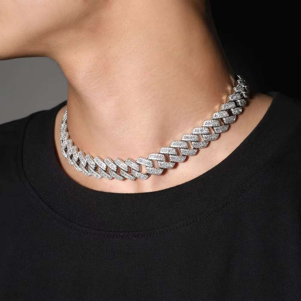 New popular hip-hop accessory 20mm Miami bracelet brass gold-plated ice fork Cuban chain necklace