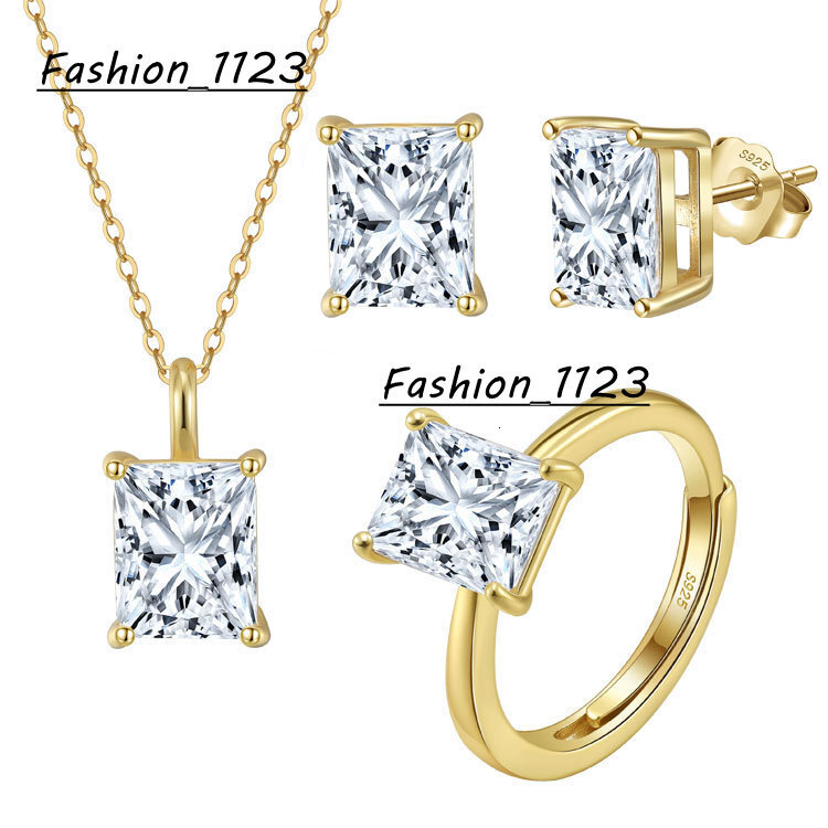 RINNTIN SMO6 Wedding Set14K Gold Plated 925 Sterling Silver 1ct -4ct D Color VVS Moissanite Diamond Ring Earrings Necklace Set
