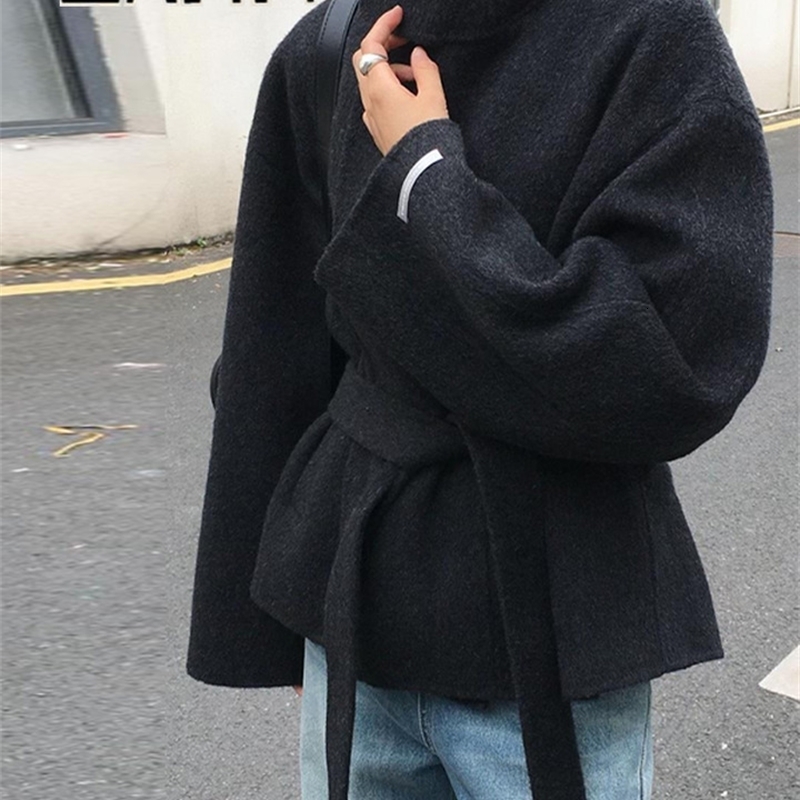 Woolen Solid Women Coat Fashion Belt Patchwork Lace Up Full Sleeve Lapel Lady Jacket Autumn Winter Female Loose Streetwear 251105