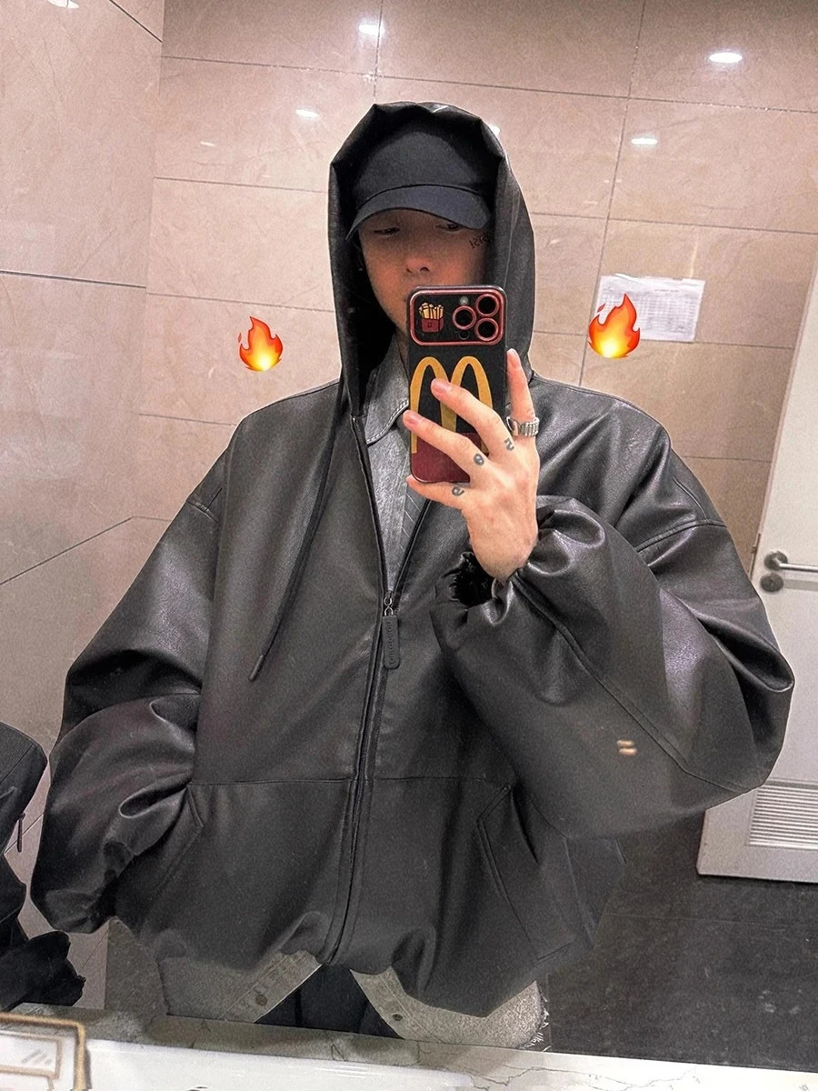 Korean Fashion Short Oversized Black Soft Pu Leather Jacket Coat Women Winter Hoodie Zipper Jacket Loose Casual Clothes 251103