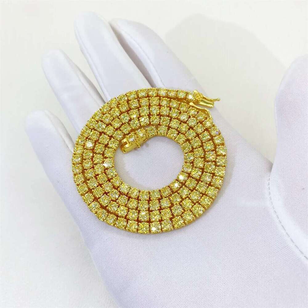 Hiphop 3-4mm Golden Yellow Tennis Chain Bracelet S Sier Blue Moissanite Dia k Necklace Gift