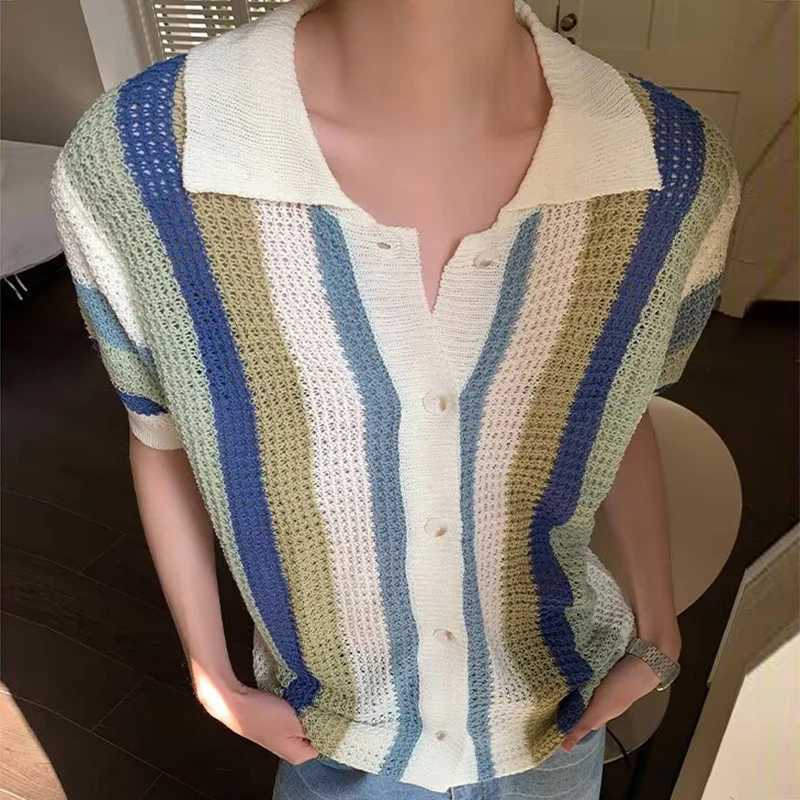 Casual breathable hollow mens summer beach casual short sleeved knitted shirt mens fashionable striped knitted top X250410