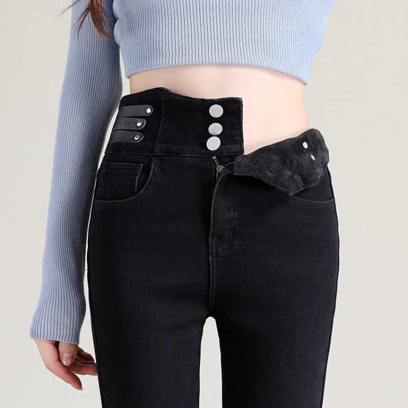 High Waist New Womens Fleece Jeans Winter Warm Thermal Slim Blue Black Fashionable Casual Velvet Elastic Pencil Denim Trousers C251110