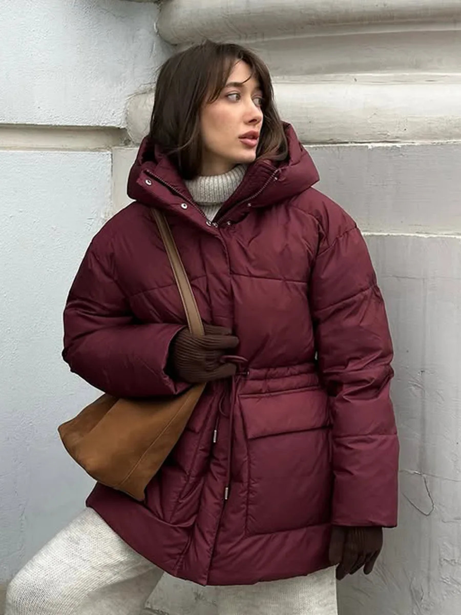 Bornladies 2025 Winter Women Wine Red Hooded Puffer Coat Drawstring Waist Zipper Warm Bread Jacket Outerwear 251107