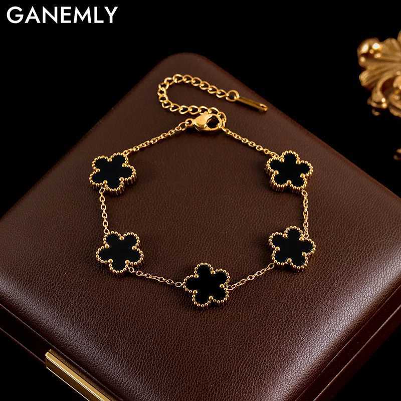 GANEMLY 316L Stainless Steel Black Plant Flower Bracelet - Five Leaf Petals Women's Luxury Jewelry Z260313