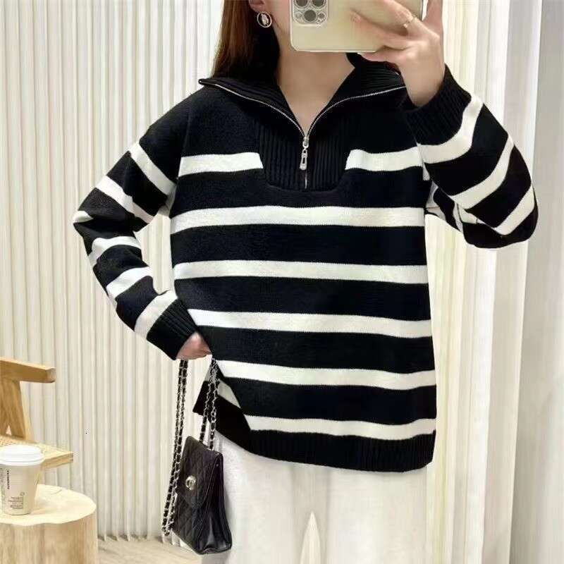 Color Block Striped Sweater Spring Autumn Top 2025 New Loose Lazy Korean Style Pullover Urban Half-Zip Knitwear