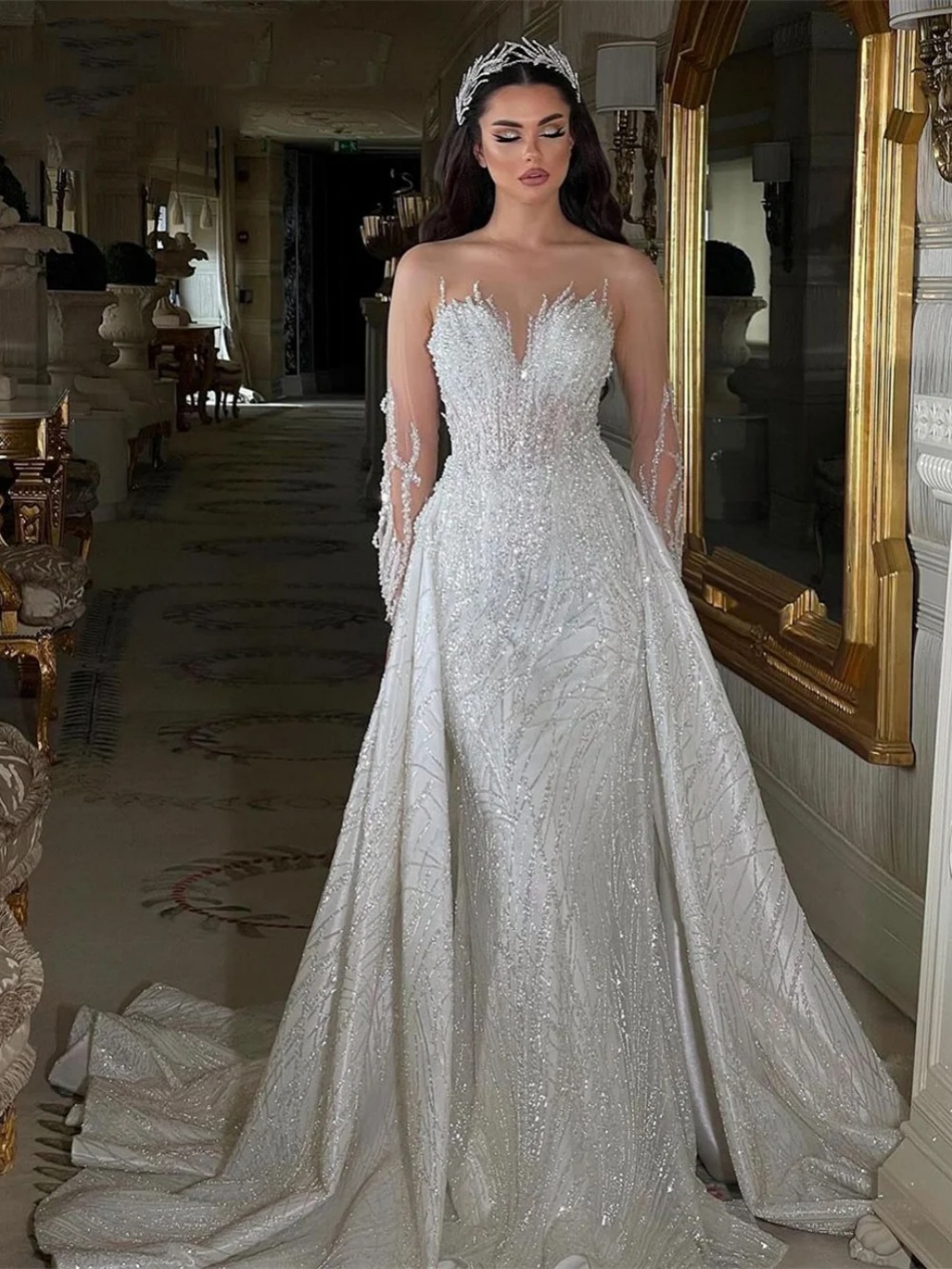 Glitter Mermaid Wedding Dress Long Sleeve O Neck Elegant Bride Gowns Detachable Sweep Train Beaded Sequins Lace Bridal Dresses Customized