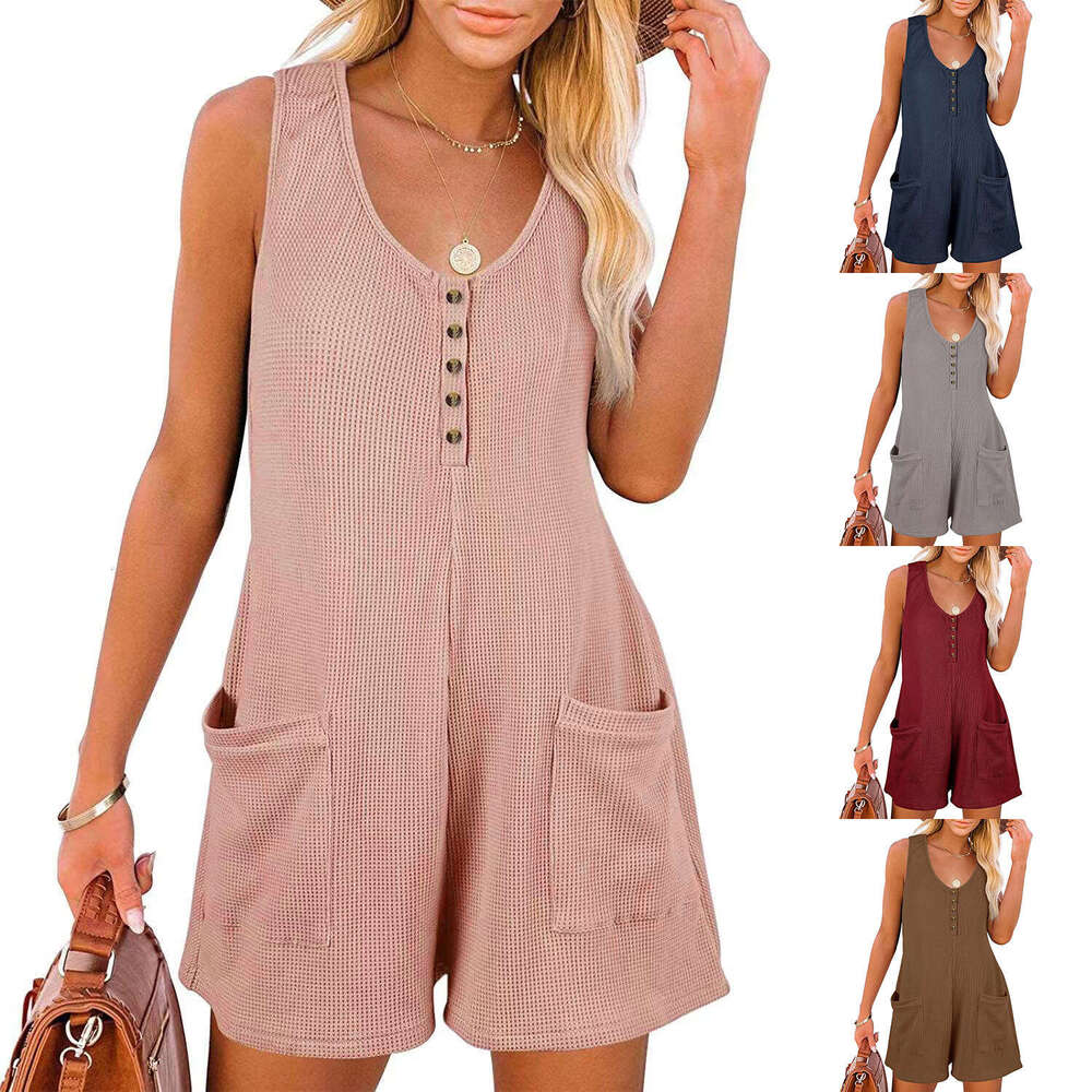 2025 Summer New Cross-Border European and American Women's Fashion Amazon Hot Sale Casual Button Pocket Vest Jumpsuit for Women