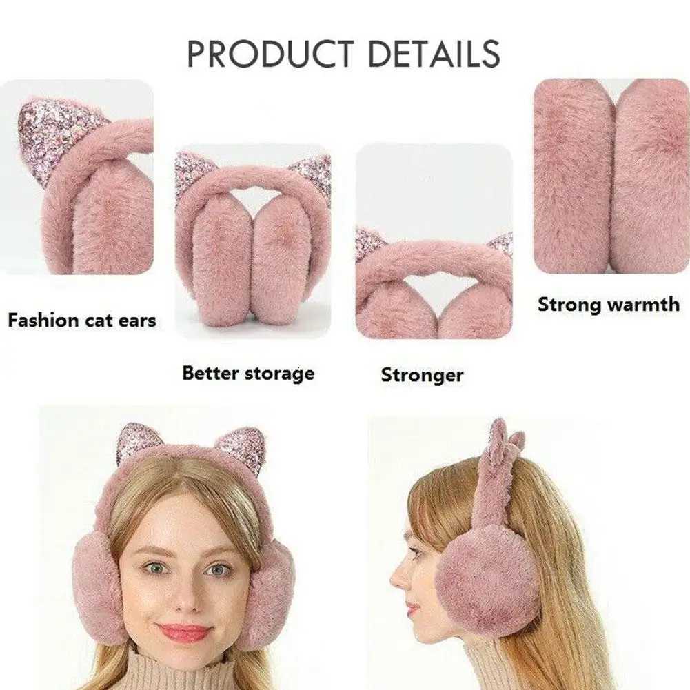 Cute Cat Ear Warmers Glitter Ears Plush Earmuffs Winter Cozy Warm for Girls Cold Weather Lovely Ear Warmer W251110