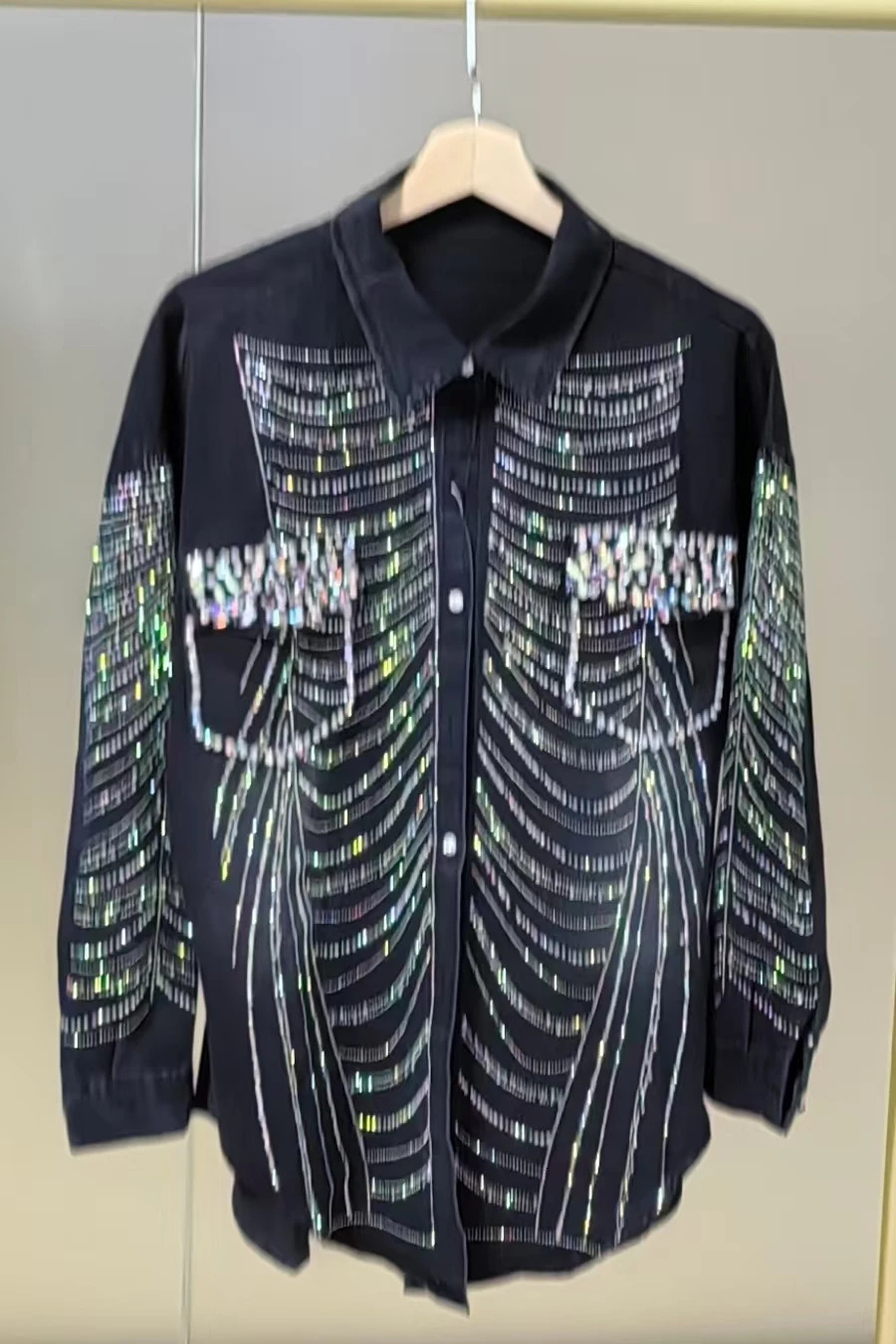 autumn sparkling striped diamond medium length black denim jacket for womens fashion trend jacket jeans jacket for womens clothing 250409