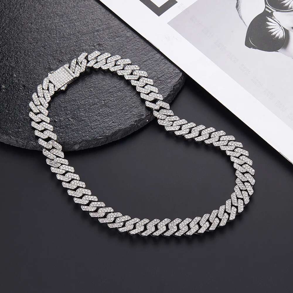 12MM Hip Hop Rhomboid Solid iced out Cuban Chain Silvery Plate Necklace for Men and Women Christmas Jewelry Gift