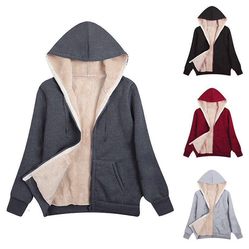 European and American Cross-Border Amazon 2024 Winter Hot-Selling Fleece-Lined Plus Size Hooded Sweatshirt Plush Women's Jacket In Stock