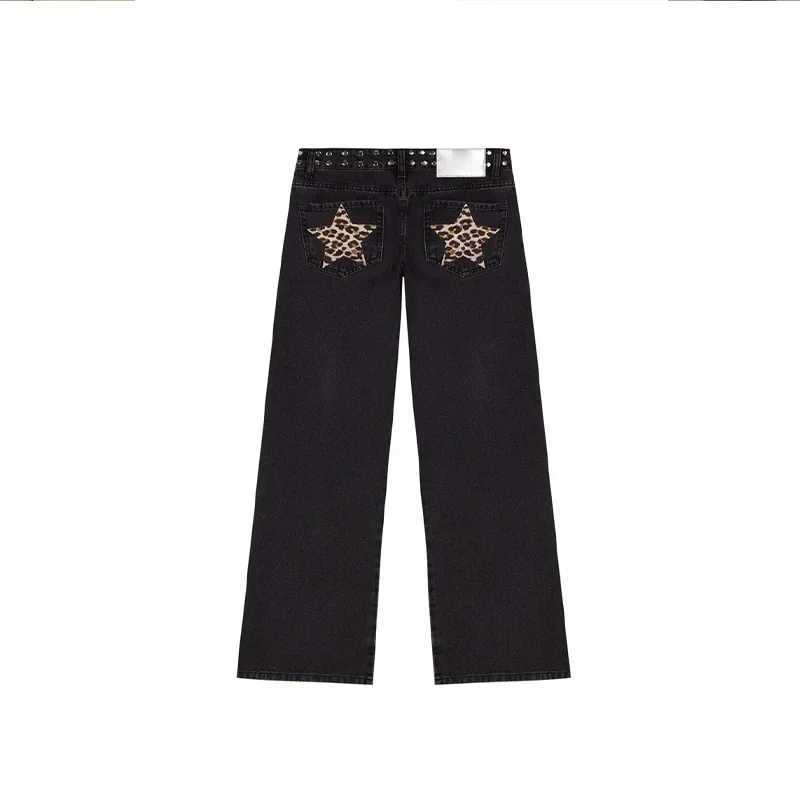 Block Y2K Hot Leopard Print Five-pointed Star Striped Rivet Exterior Decoration Jeans Straight-leg Pants Trendy Womens Clothing C251110