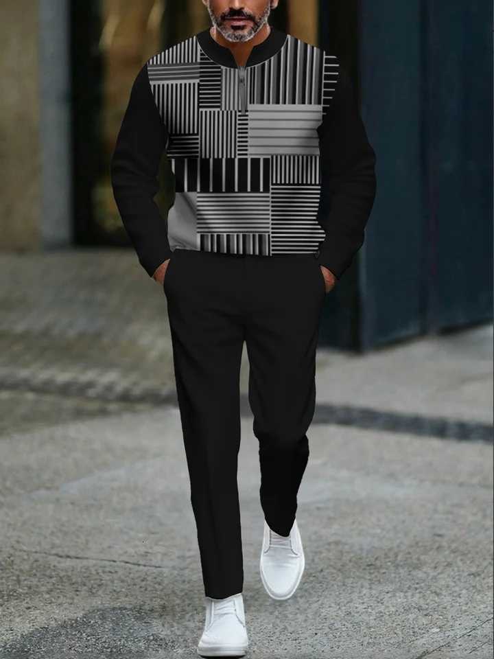 Mens Cross-Border Casual Two-Piece Set Stand Collar Half-Open Placket Top Pants Comfortable Breathable Perfect for Sports W251110