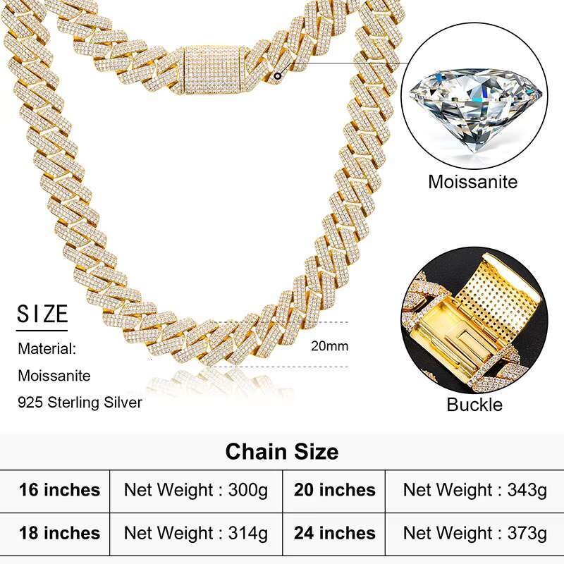 Luxury 20mm 3 Row VVS Moissanite Cuban Chain Hip Hop Rapper Gift Wholesale 925 Sterling Silver Iced Out Cuban Necklace for Men