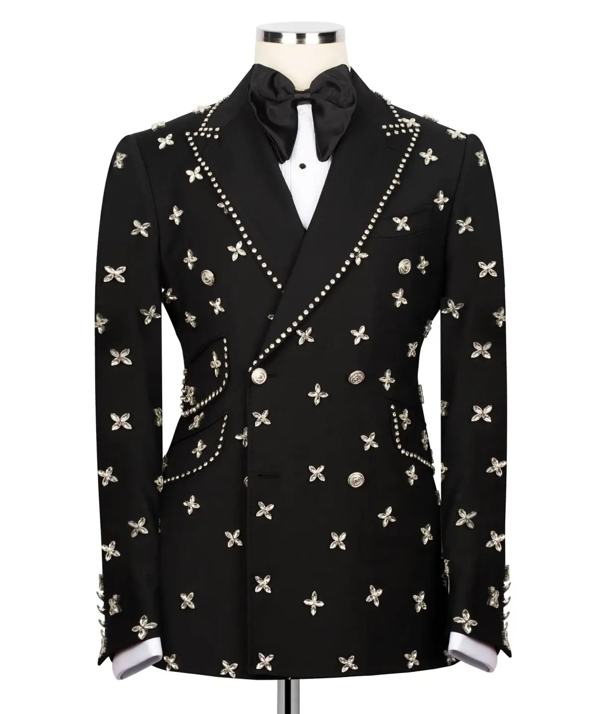 Handsome Men's Jacket Crystal Blazer Two Pieces Set Peaked Lapel Double Breasted Rhinestone Groom Coat Customized Jacket+Pants Plus Size