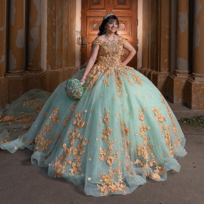 Mint Green Quinceanera Dresses Off The Shoulder Applique Flower Beading Crystal Bow Tull Party Birthday Sweet 16 Dress Vestidos 15 De Anos