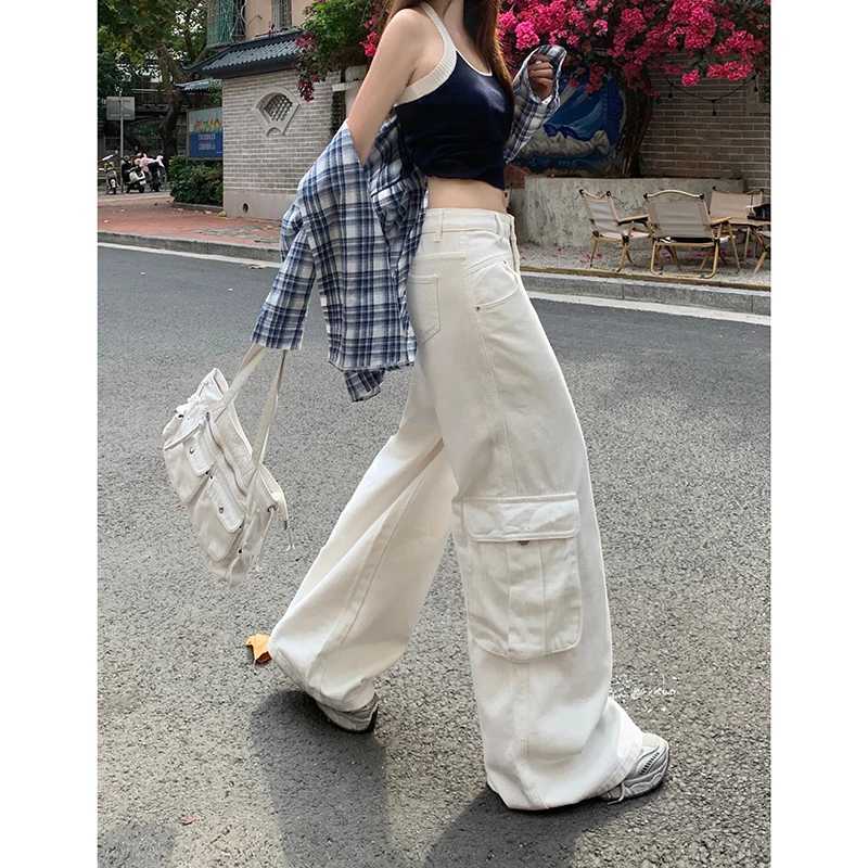 High Waist Relaxed Fit Drag Bottom Casual Loose Women Jeans Trousers Long Pant Wide Leg Denim Overalls C251110