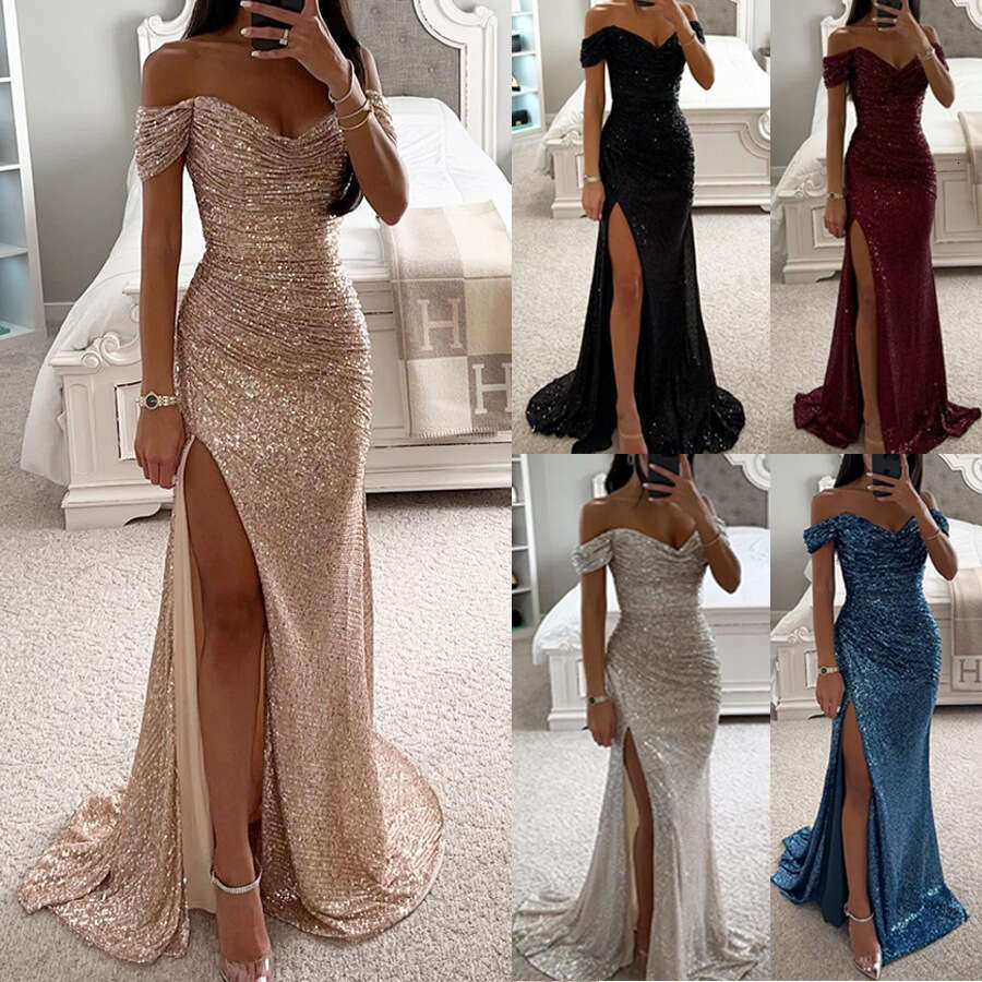 Single-Neck Sequin Slit Evening Fashion European SEXY DRESSES FOR WOMEN Women's Night club maxi dress