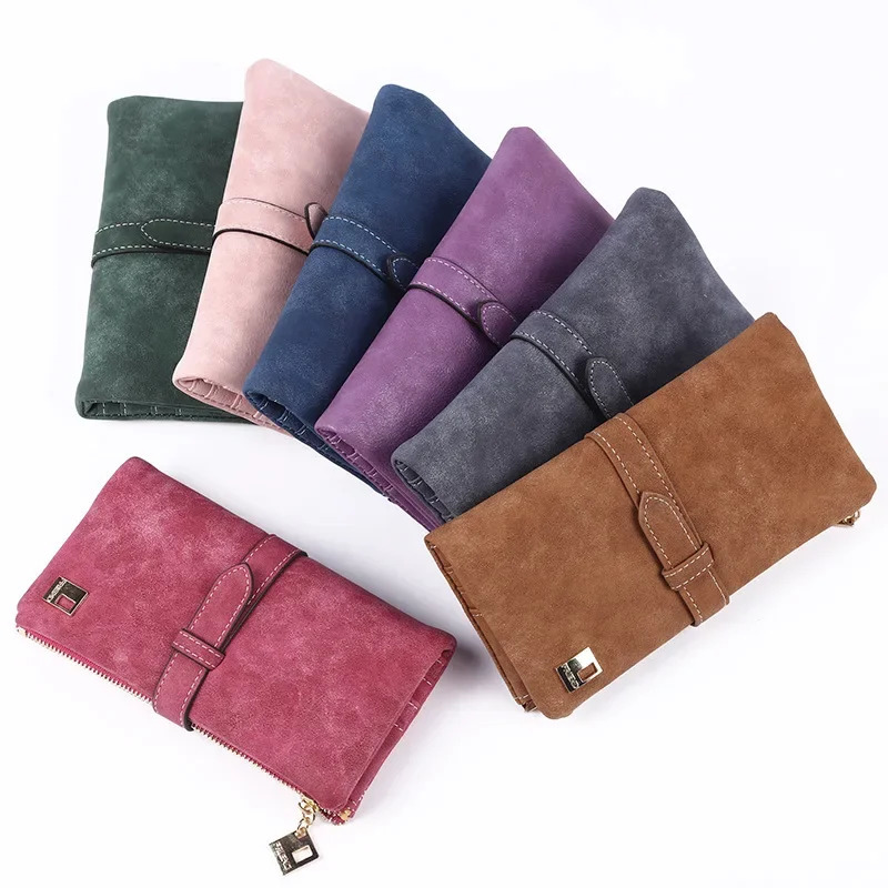 2023 New Fashion Women Wallets Drawstring Nubuck Leather Zipper Wallet Womens Long Design Purse Two Fold More Color Clutch R251110