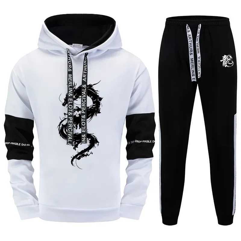 2025 New Arrival Mens Tracksuit 2 Piece Set Chinese Dragon Print Hoodie Sweatpants Fall Winter Daily Casual Sporty Jogging Suit W251110