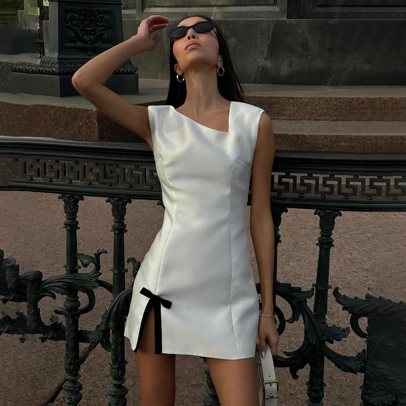 Taruxy satin womens vest dress necklace fashionable bow split style elegance party skirt sleeveless tight fitting dress 250403