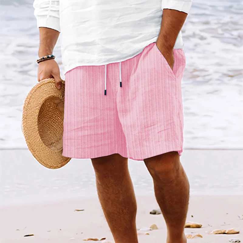 Summer beach mens linen casual loose elastic waist striped shorts with brushed linen cotton track shorts X250410