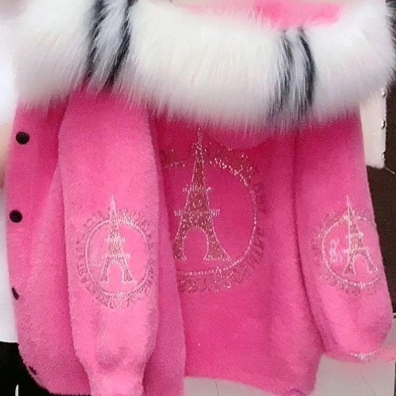 Autumn And Winter Warm Solid Color Thick Hooded Mink Fur Coat With Rhinestone Collar Womens Top Cardigan 251110