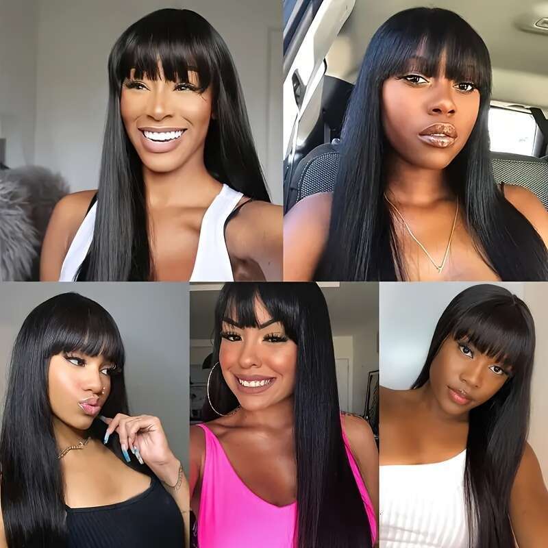 Sliky Straight With Bangs None Lace Front Unprocessed Virgin Human Hair Wigs Hine Made Glueless Wig Full Density Halloween Thanksgiving Christmas Vale