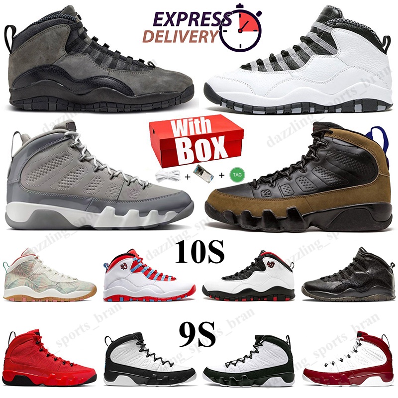 10s 9s With Box Basketball shoes Mens Shadow Steel Cool Grey Olive Concord Chile Red University Blue Fire Red Outdoor Sports Shoes Sneakers Trainers Size Eur 40-47