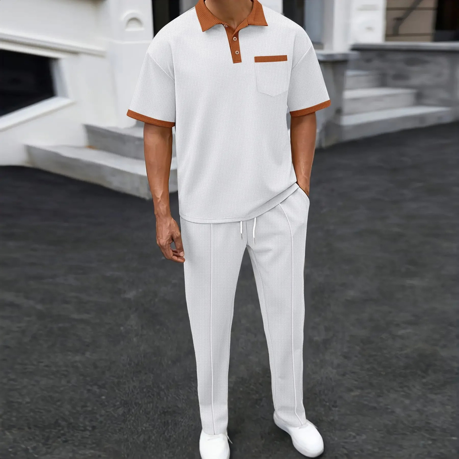 Mens Two-piece Sportswear Short-sleeved T-shirt and Long Pants Set Casual Business Sportswear Summer 2025 Fashion Two-piece Set 250407